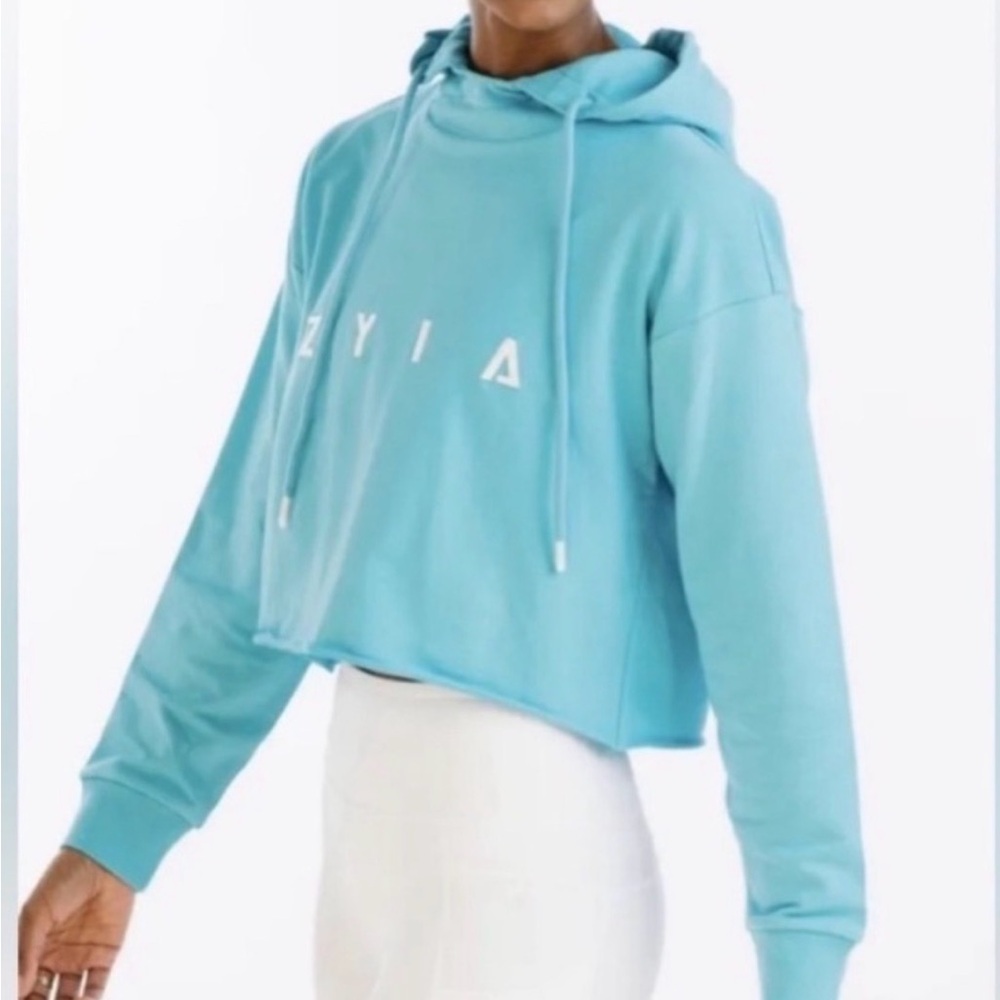 Zyia Sky Blue Cropped Raw Edge Hoodie - Size Large